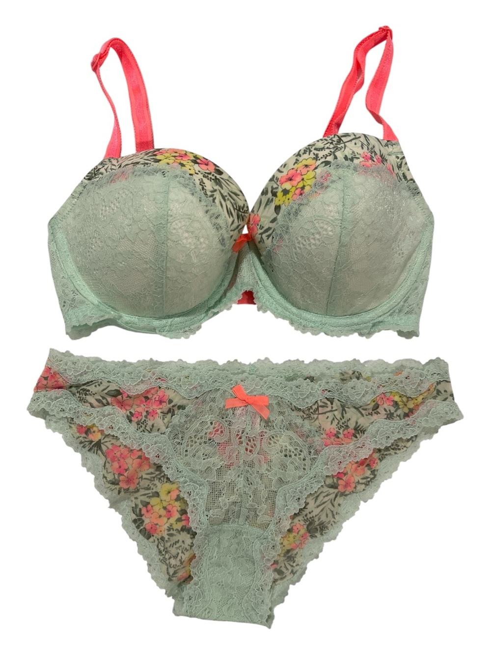 Victoria's Secret Mint Lace Bra & Floral  Chikini Set w/ Coral Straps 32DD & Sml